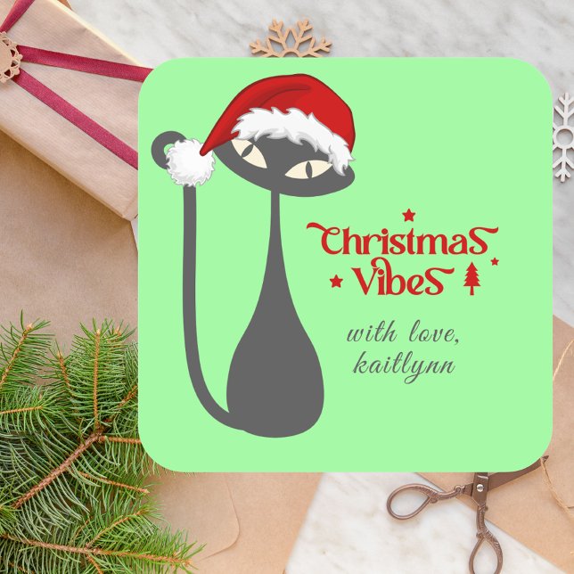 Sticker Carré Mint Green Retro atomique noir chat Noël (Créateur téléchargé)