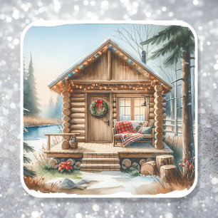 Sticker Carré Minuscule Cabine de journaux dans les Bois d'hiver