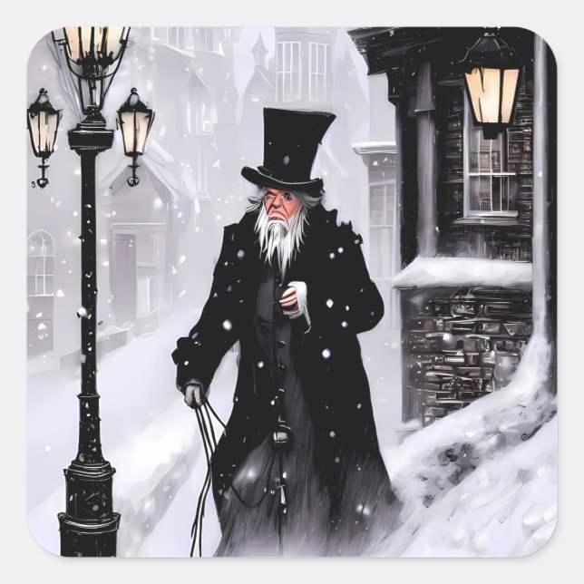 Sticker Carré Misère Ebenezer Scrooge Snowy Victorian Street (Devant)