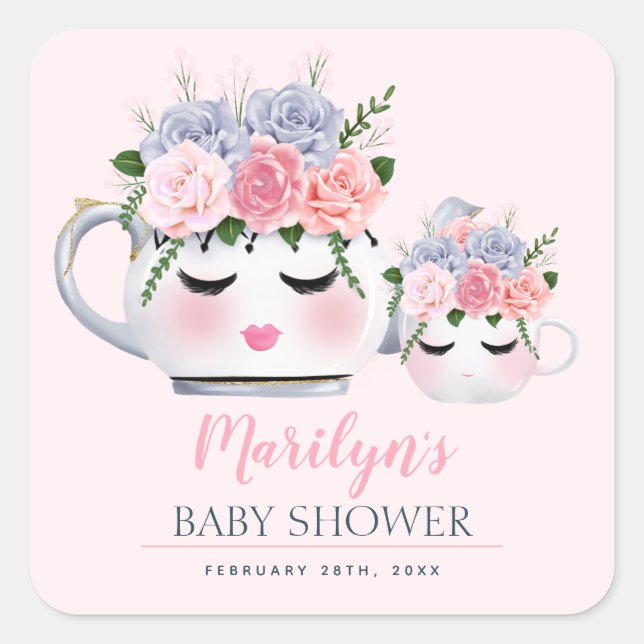 Sticker Carré Miss Eyelashes Teapot Maman Baby Baby shower Flora (Devant)