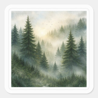 Sticker Carré Misty morning in pine forest aesthetic