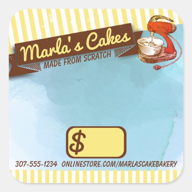 Sticker Carré Mixeur stand rétro gâteaux boulangerie prix carré (Devant)