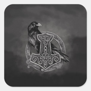 Sticker Carré Mjolnir - Le marteau de Thor et corbeau