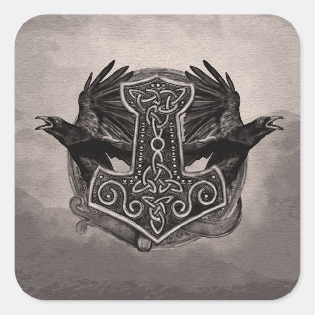 Sticker Carré Mjolnir Le marteau de Thor et les corbeaux (Devant)