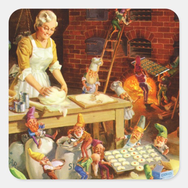 Sticker Carré Mme Claus et Santas Elves Cuisiner des cookies de  (Devant)
