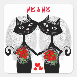 Sticker Carré Mme + Mme Mariage lesbienne Mariage Chat Cute Brid