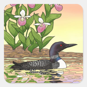 Sticker Carré MN State Bird Flower Loon Lady Slipper
