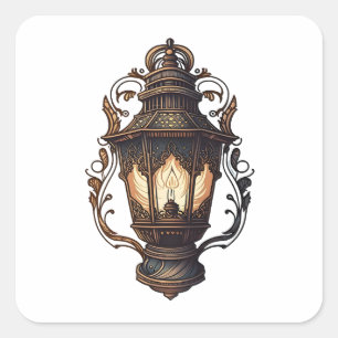 Sticker Carré Mobilier Antique, Lampe Vintage, Style Cartoon