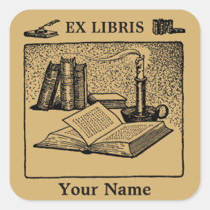 Sticker Carré Modèle de livre de bougie de stylo d'encre Ex Libr
