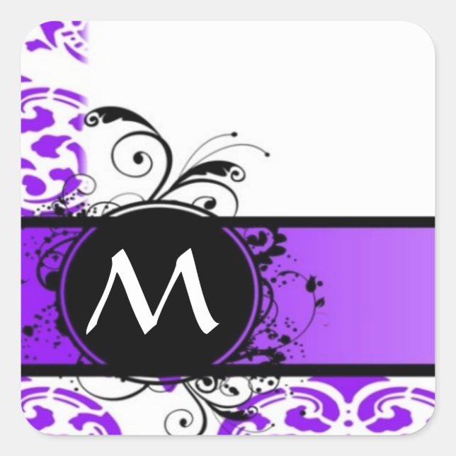 Sticker Carré Modèle et monogramme pourpre damassé (Devant)