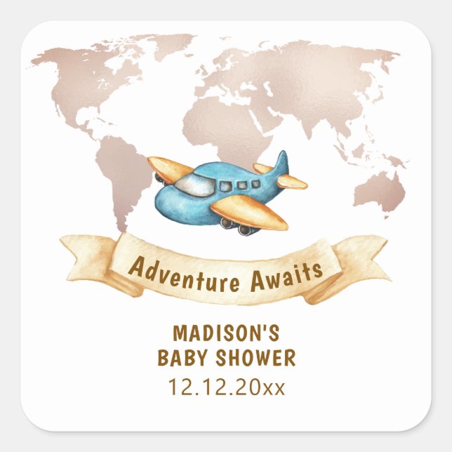 Sticker Carré Modern Adventure World Map Airplane Baby Shower  (Devant)
