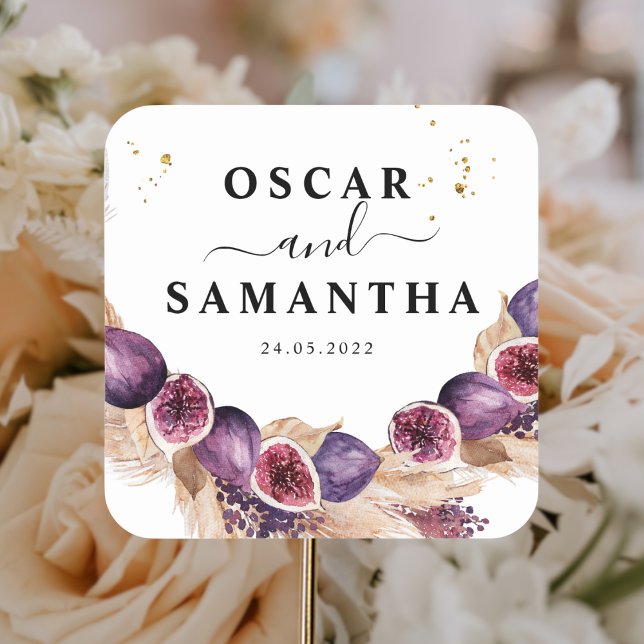 Sticker Carré Modern Beauty Figs violets & Pampas & Gouttes d'or (Créateur téléchargé)