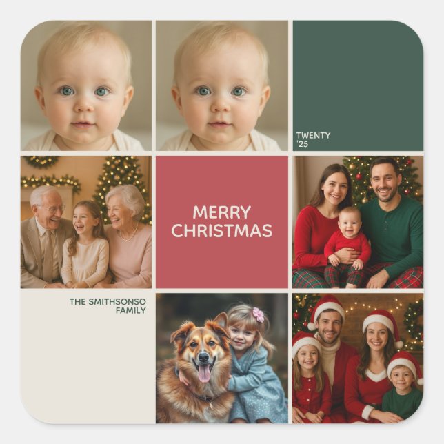 Sticker Carré Modern beige Sage RED collage merry Christmas (Devant)