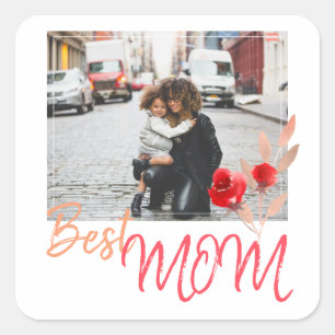 Sticker Carré Modern Best Mom Photo Rose aquarelle