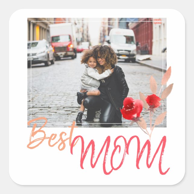 Sticker Carré Modern Best Mom Photo Rose aquarelle (Devant)
