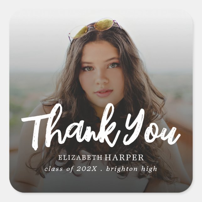 Sticker Carré Modern Brush Script Photo Graduation Thank You (Devant)