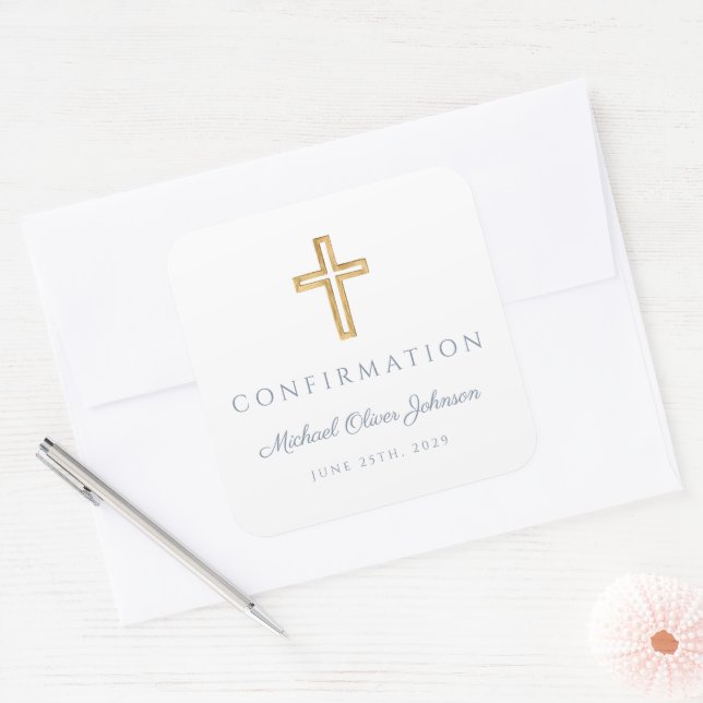 Sticker Carré Modern Dusty Blue Religious Cross Boy Confirmation (Enveloppe)