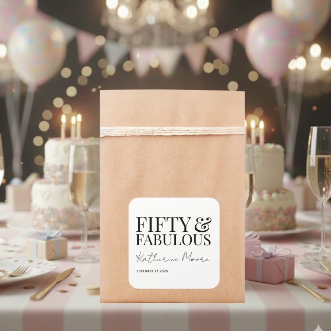 Sticker Carré Modern Fifty and Fabulous Bold 50th Birthday Party (Créateur téléchargé)