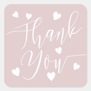Sticker Carré Modern hearts thank you script order dusty pink