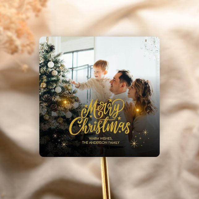 Sticker Carré Modern Merry Christmas Family Photo (Modern Christmas Family Holiday Sticker)