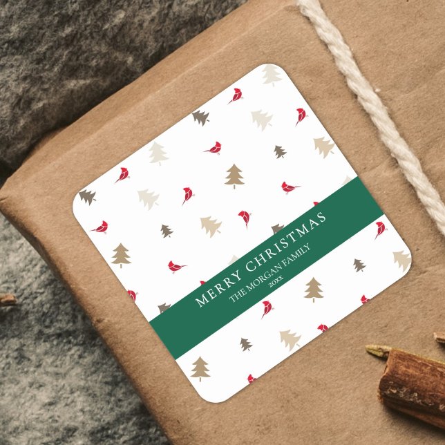 Sticker Carré Modern Minimal Red Cardinal Christmas Tree Pattern (Créateur téléchargé)
