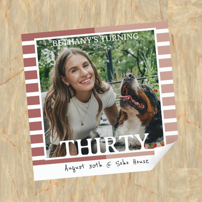 Sticker Carré Modern Minimalist Striped 30th Birthday Photo (Celebrate the beginning of a new decade with this Modern Minimalist Striped 30th Birthday Sticker!)