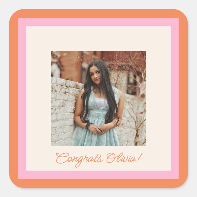 Sticker Carré Modern Pink and Orange Border Photo Graduation (Devant)