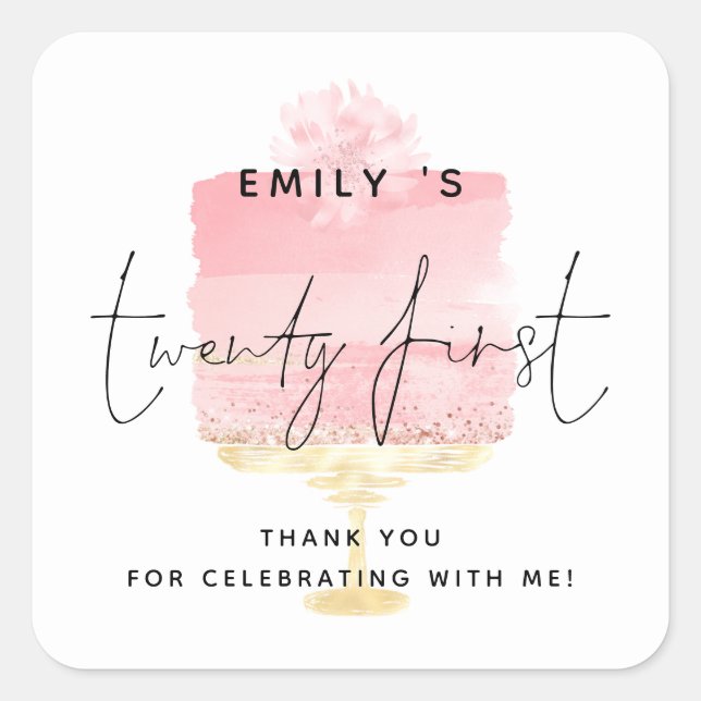 Sticker Carré Modern Pink Cake Nom 21ème anniversaire fête Merci (Devant)