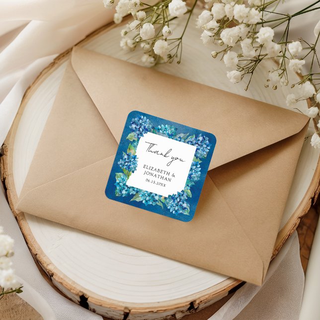 Sticker Carré Modern Rustic Blue Hydrangeas Floral Wedding (Créateur téléchargé)