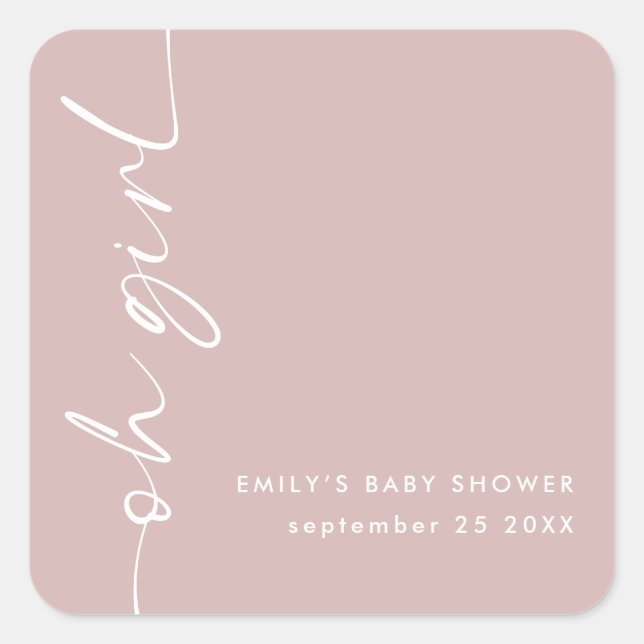 Sticker Carré Modern Script Nom Oh Girl Dusty Baby shower Rose (Devant)