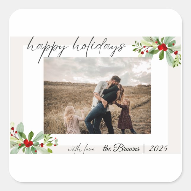 Sticker Carré Modern Simple Happy Holidays Family Photo Card (Devant)