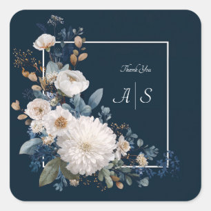 Sticker Carré Moderne Bleu Nuit Moody Blanc Floral Paeonia Coin