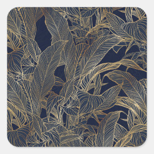 Sticker Carré Moderne Blue Gold Foliage Plante Design botanique