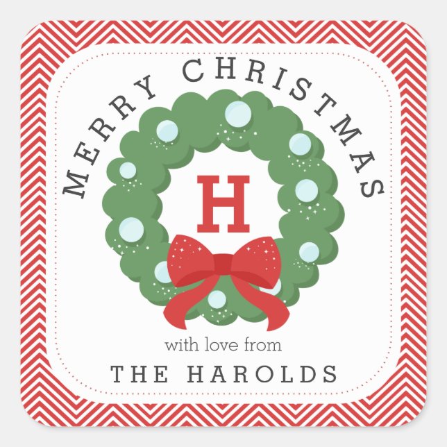 Sticker Carré Moderne Chevron Joyeux Noël Wreath Monogramme (Devant)