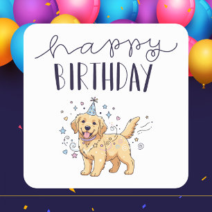 Sticker Carré Moderne Classique Chiot Mignon Joyeux Anniversaire
