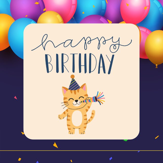 Sticker Carré Moderne Classique Simple Joyeux Anniversaire Chat (Créateur téléchargé)