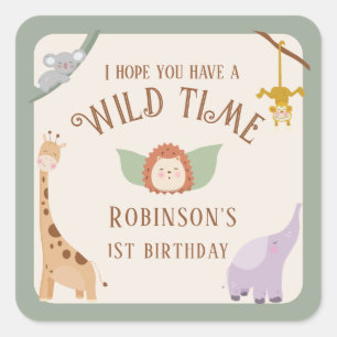 Sticker Carré Moderne Cute Wild One Safari Animaux 1er Anniversa