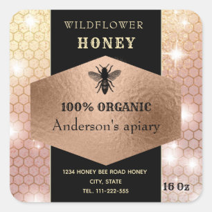 Sticker Carré Moderne élégant brillant rosegold logo bee miel po