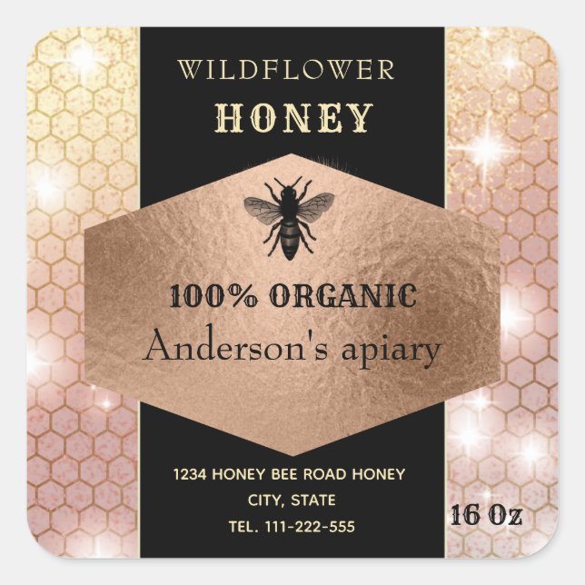 Sticker Carré Moderne élégant brillant rosegold logo bee miel po (Devant)
