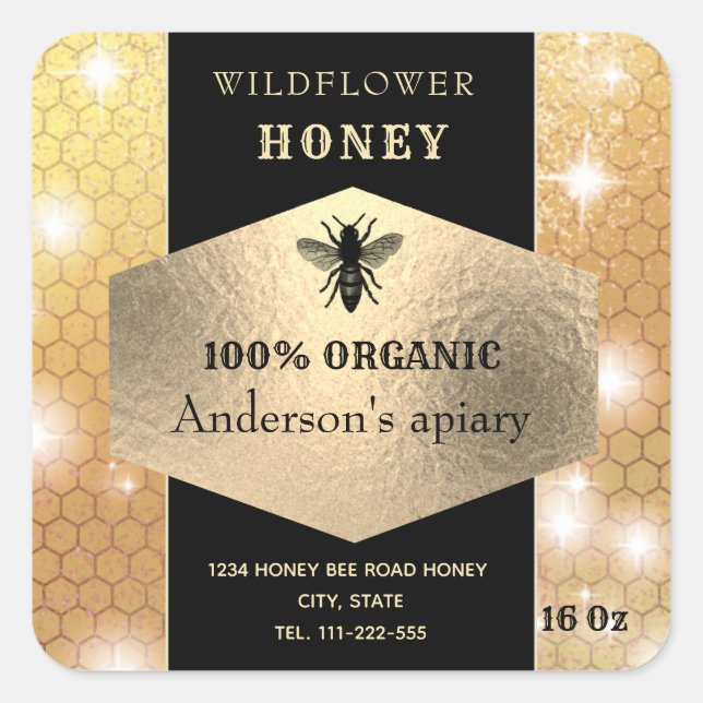 Sticker Carré Moderne élégant logo or brillant abeille pot de mi (Devant)