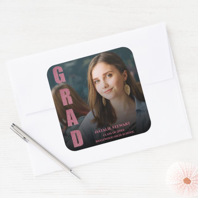 Sticker Carré Moderne Faux Rose Gold Bold Police Photo Graduatio (Enveloppe)
