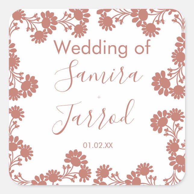 Sticker Carré Moderne Floral Motif Nuetral Mariage Plaque (Devant)