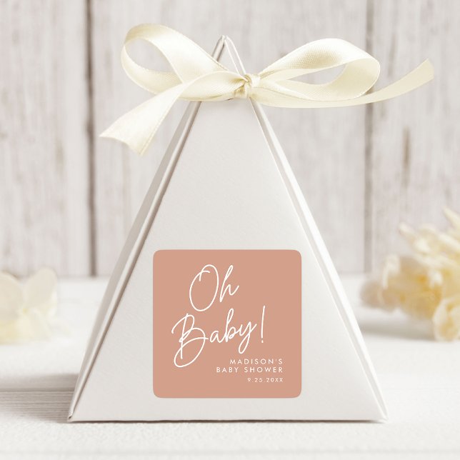 Sticker Carré Moderne Oh Baby Script Blush Baby shower en terre  (Créateur téléchargé)