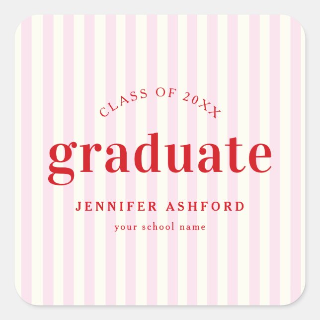 Sticker Carré Moderne Retro Red & Pink Stripes Graduation Party (Devant)