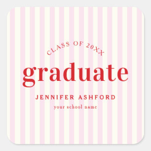 Sticker Carré Moderne Retro Red & Pink Stripes Graduation Party