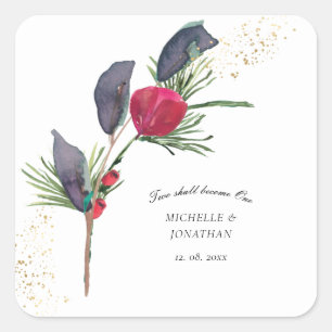 Sticker Carré Moderne Rouge vert hiver Floral Mariage chrétien