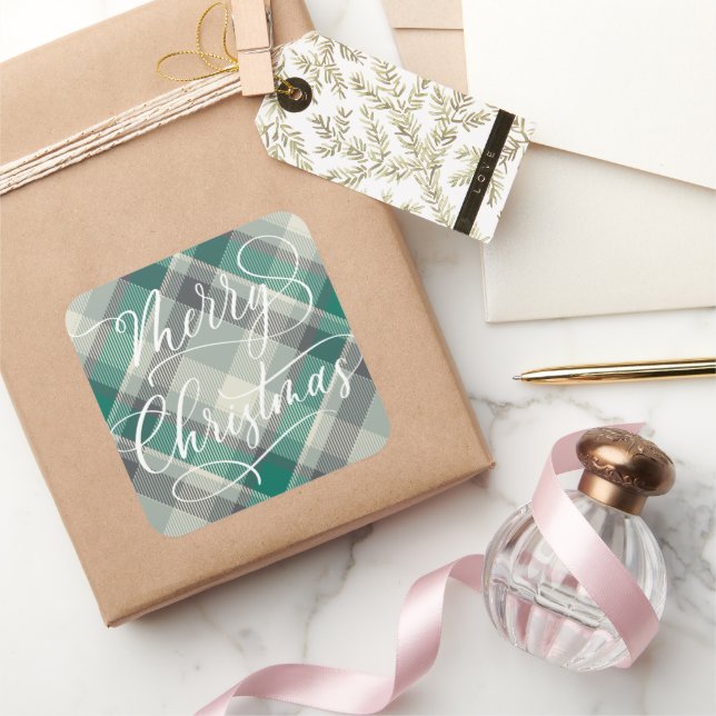 Sticker Carré Moderne Simple Joyeux Noël Vert Carreaux (Cadeaux)