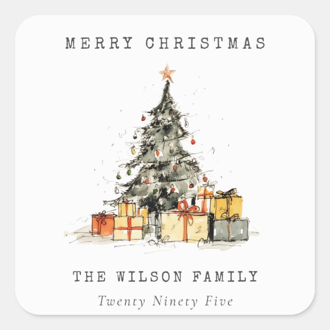 Sticker Carré Moderne Sketchy Noël Arbre Cadeaux Photo (Devant)