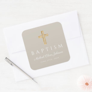 Sticker Carré Moderne Taupe Croix Religieuse Baptême