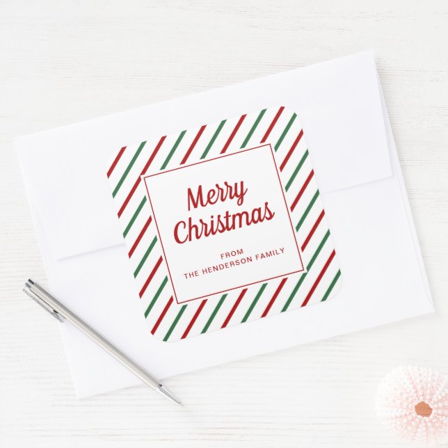 Sticker Carré Modernes Joyeux Noël rayures rouges et vertes (Enveloppe)